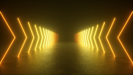 A dark room with bright yellow neon lights forming arrows lining the walls, leading to a glowing, hazy center.