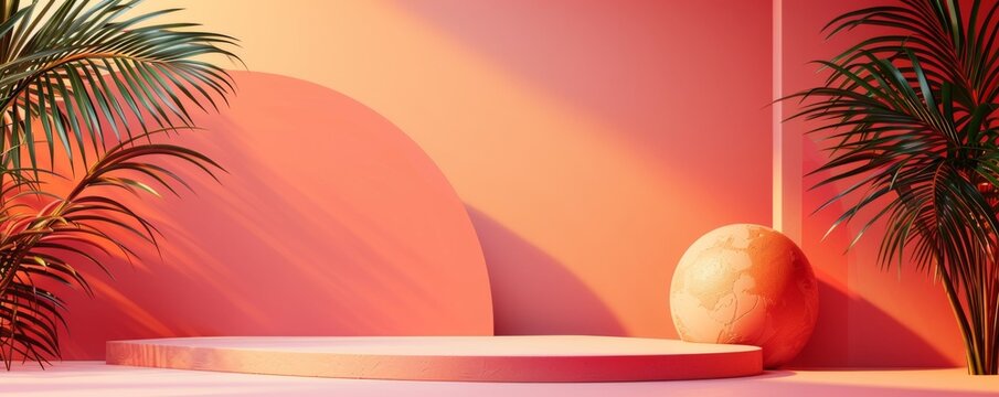 Abstract geometric shapes and tropical plants in warm peach and orange hues