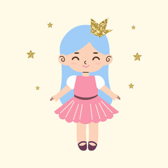 cute princess wearing a pink dress with blue hair. childrens cute greeting card. vector poster