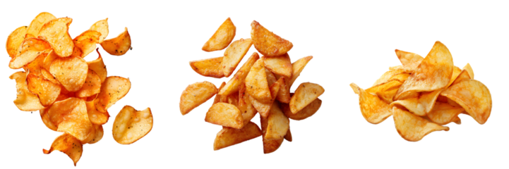Assorted seasoned potato chips on white background, png