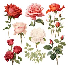 A beautiful collection of various rose flowers in different colors and stages of bloom, isolated on a white background.