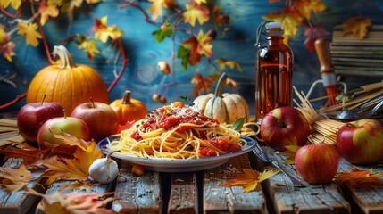 A_still_life_composition_showcasing_a_harvest_theme_featuring_spaghetti_generative_ai_image