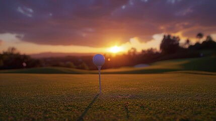 A golf ball sits on a tee with a beautiful sunrise in the background