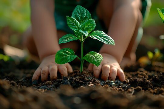 Frontal view of a child planting a tree. Natural light. Environment awareness. Copy space