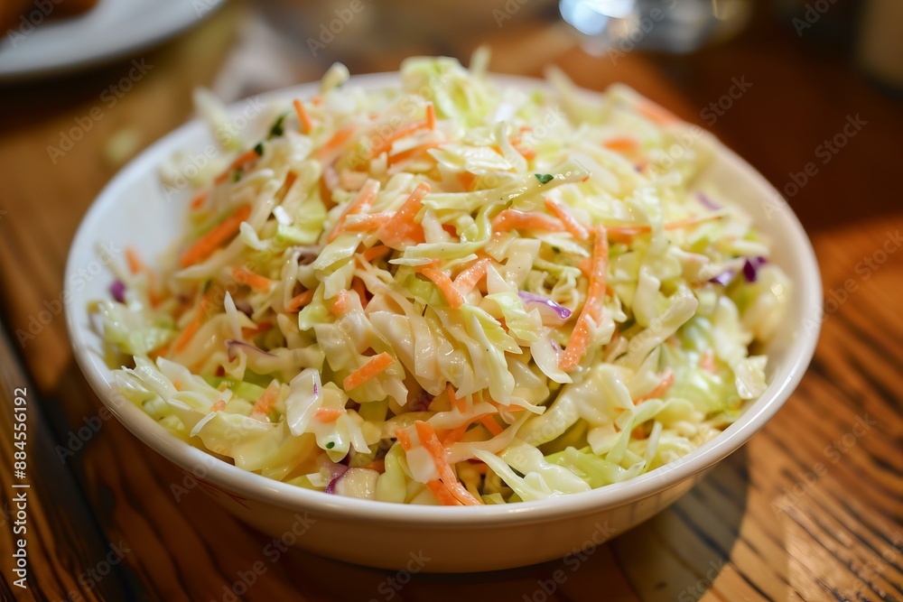 Sticker delectable bowl of creamy coleslaw, garnished with fresh herbs on a wooden table