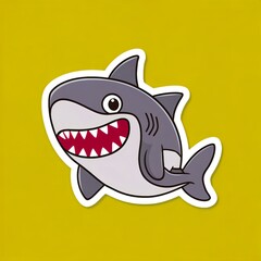 A cartoonish depiction of a shark. The shark is illustrated with a wide, open mouth revealing sharp teeth, and it appears to be swimming. The shark is predominantly gray with a white underbelly.