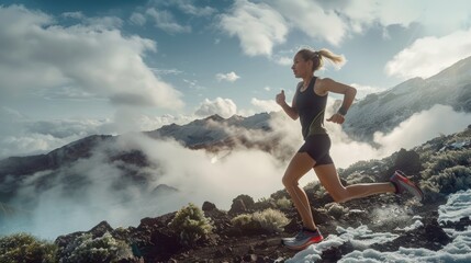 Mountain Runner at Sunrise - A focused female runner in athletic gear, running through a misty...