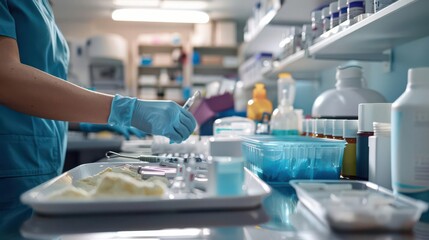 A medical professional prepares instruments in a sterile environment, emphasizing healthcare and safety.
