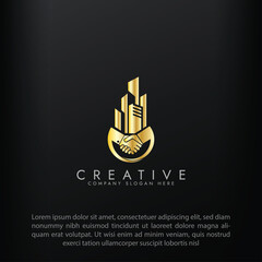 Property business golden logo with handshake vector 