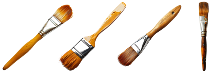Collection of paint brush with strokes of paint on white background