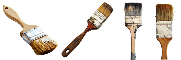 Collection of paint brush with strokes of paint on white background