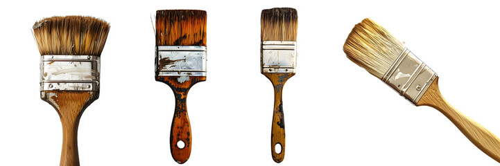Collection of paint brush with strokes of paint on white background