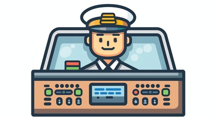 An illustration of a train captain in a white uniform managing the control systems of a train with a smile, surrounded by detailed control instruments in a digital vector style.