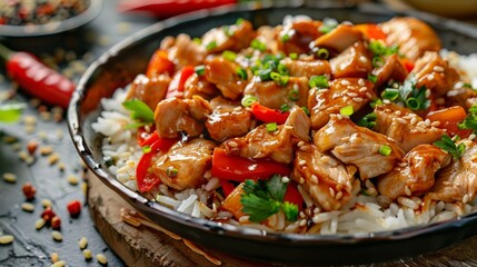 The national cuisine of Japan. Wok with chicken and rice. 