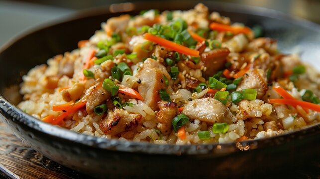 The national cuisine of Japan. Wok with chicken and rice. 