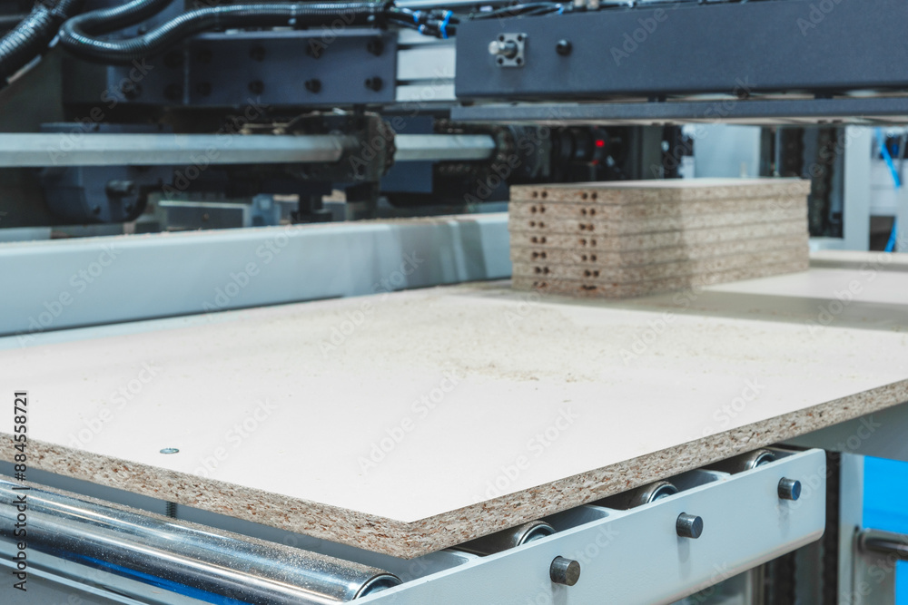 Poster a stack of wooden boards chipboard are being cut by a machine. the boards are all the same size and 