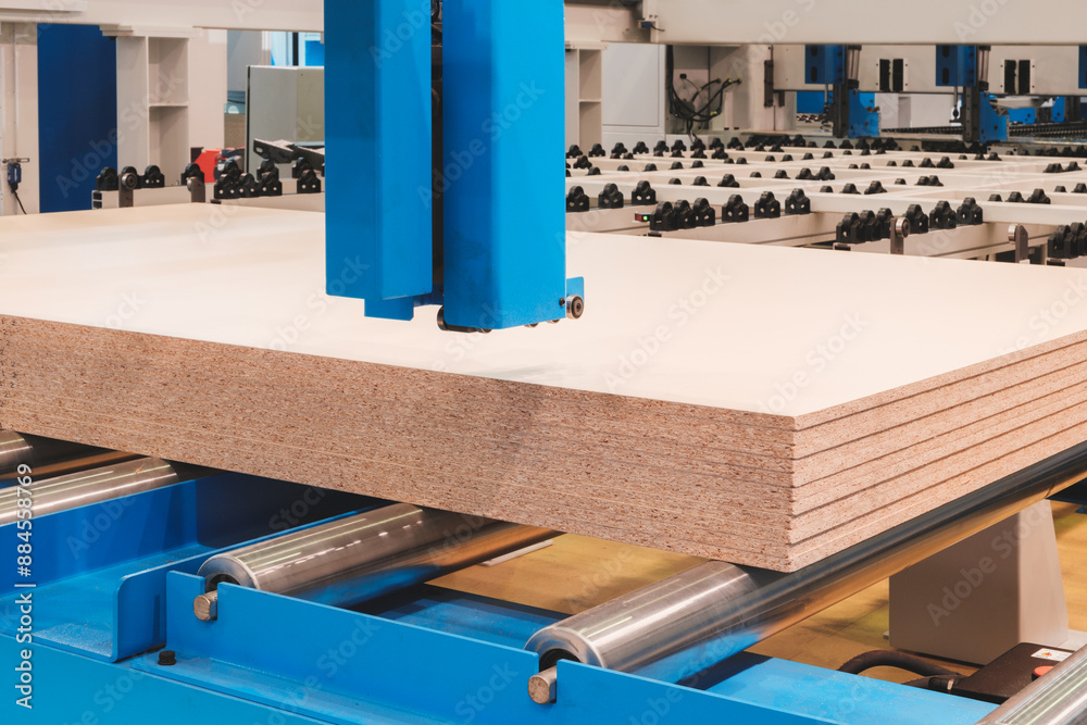 Poster a stack of wooden boards chipboard are being cut by a machine. the boards are all the same size and 