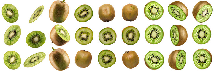Fototapeta premium Whole, halved, and sliced kiwi fruit isolated on a white background, png