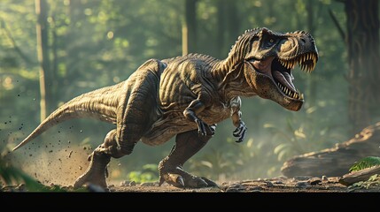 A photorealistic image showing a Tyrannosaurus rex in a dense prehistoric forest, capturing the essence of raw prehistoric power and survival instincts in vivid detail.