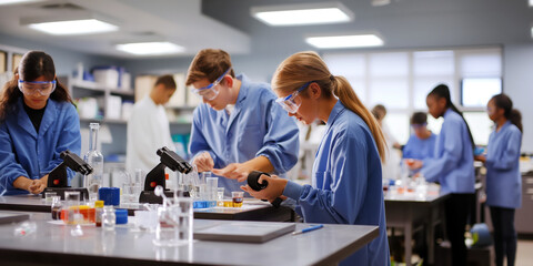 A science classroom with students conducting experiments at lab tables, using microscopes and wearing safety goggles.