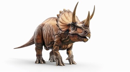 Fototapeta premium This image captures a lifelike 3D model of a Triceratops facing forward, highlighting its distinct facial horns, frilled crest, and armored body, bringing the prehistoric giant to life.