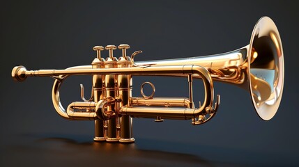 Obraz premium A shiny gold trumpet is beautifully showcased on a dark background, emphasizing the glossy finish and exquisite craftsmanship of this premium musical instrument.
