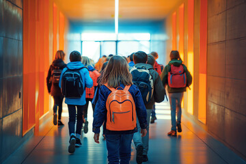 Group of schoolchildren with backpacks walking down a brightly lit colorful school corridor. Back view.