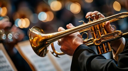 A close-up shot of a musician expertly playing the trumpet, highlighting the golden instrument and the formal atmosphere with musical notes in the background.