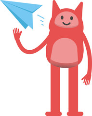 Cute Monster Character Holding Paper Plane

