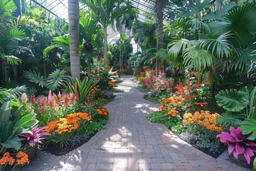 Obraz premium Tropical garden pathway with lush greenery and vibrant flowers serene outdoor walk exotic garden beauty