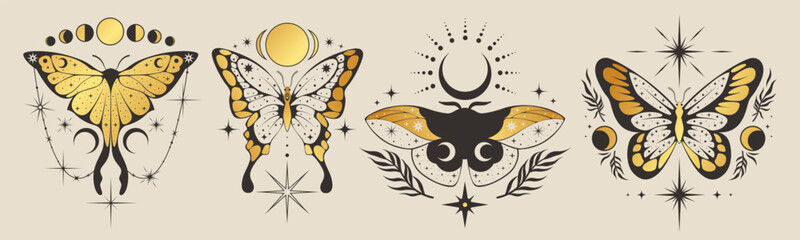 Golden butterfly. Mystic gold poster. Sun, moon and botanical elements. Esoteric boho moth. Tarot decor, mystery card celestial astrology. Boho tattoo vintage. Vector symbol bohemian magic minimal set © Natalia