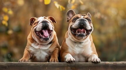 Two adorable bulldogs sit together on a wooden platform, their faces gleeful and eyes closed with joy, capturing a heartwarming and playful moment during a sunny day.