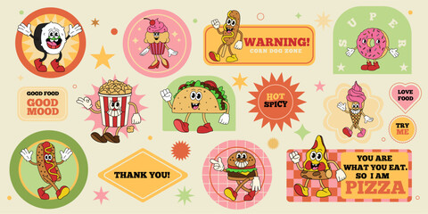 Sticker food character. Cafe label. Taco and ice cream mascots. Groovy retro icon. Cartoon pizza and burger. Spicy hamburger smile. Donut and muffin. 70s card design. Fastfood menu vector badges set