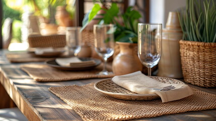 A table set with woven placemats and napkins, highlighting texture and detail. Soft Textile Weaves