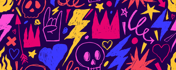 Bright colored seamless pattern with punk grunge elements. Crayon drawn lightnings, crowns, arrows and sculls. Hand drawn doodle grunge seamless banner design with quirky icons.