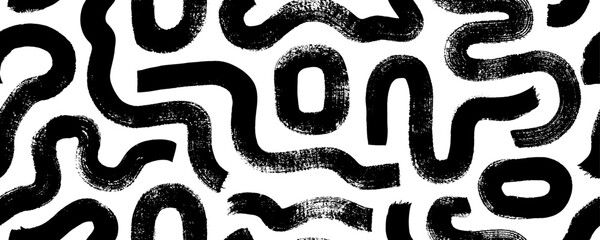 Abstract geometric labyrinth motives seamless pattern. Hand drawn bold curved and squiggle lines, round squares. Abstract geometric texture with thick brush strokes. Vector ink graphic illustration.