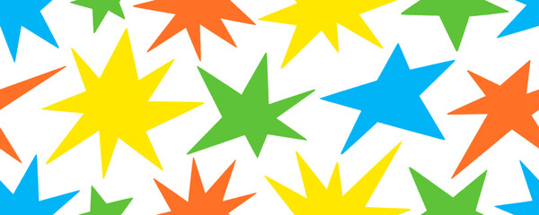 Obraz premium Hand drawn colorful stars seamless pattern. Vector silhouettes of various stars. Simple seamless banner design with childish or magic motif. Simple wallpaper for kids stuff, textile, graphic design.