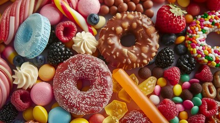 An enticing display of assorted colorful sweets and fruits, including donuts, berries, and candies, arranged together to create a visually appealing and tempting treat display.