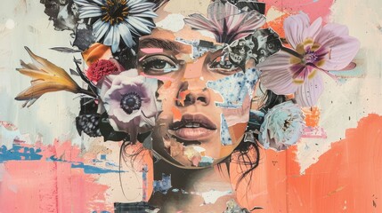 Abstract contemporary art collage portrait of young woman with flowers 