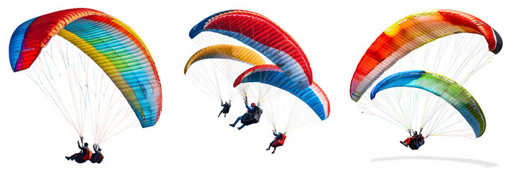 Paragliders soaring with colorful canopies, extreme sport isolated on a white background, png