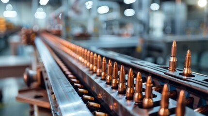 There is a row of bullets on the conveyor belt. The bullets are made of copper and manufactured at the factory.
