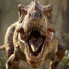 Obraz premium A fierce dinosaur, with its mouth wide open and teeth bared, is shown roaring in a dense prehistoric jungle, capturing the raw power and ferocity of this ancient predator.