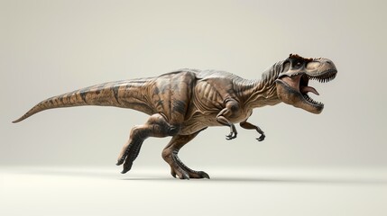 A T-Rex dinosaur captured in a dynamic running pose on a plain background, showcasing its powerful...