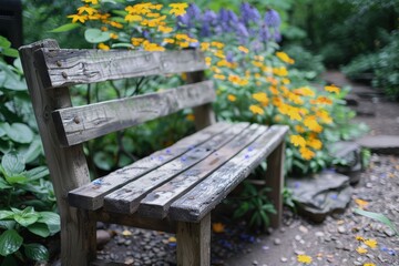 Wooden bench in a garden with vibrant flowers peaceful and inviting outdoor seating serene garden retreat