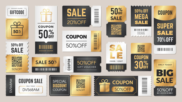 Voucher coupon collection. Discount 50, gift code, sale ticket. Promo card promotion, event off 10, bar code, icon golden discount certificate, big voucher, premium lottery. Vector banner price set