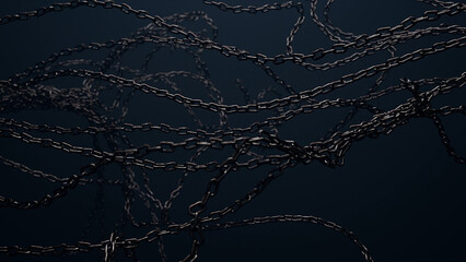 Intertwined black metal chains hang in front of a dark background, casting shadows. The chains are rusty and worn, creating a sense of age and history.