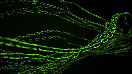 Multiple green chains are intertwined against a dark background, forming a spiral pattern.