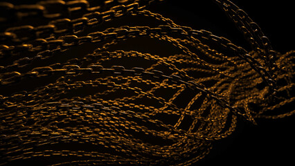 Close-up of several intertwined chains against a black background.