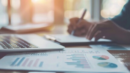 Person working on a business report with charts and graphs, using a laptop. Financial analysis and planning concept in an office setting.