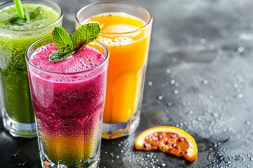 Assorted fresh juices adorned with mint on a wet, dark surface